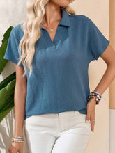 EMERY ROSE Ladies' Solid Color Turn-Down Collar Short Sleeve Casual Shirt, Summer Blue Shirt Teacher Clothes Basic T Shirt